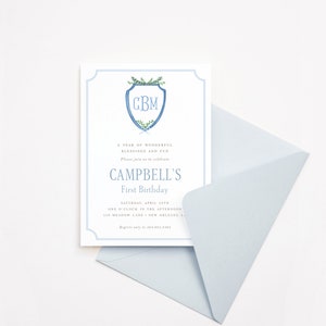 Baby Boy First Birthday Invitation, Monogram Crest First Birthday Invitation, First Birthday Invite | Printable DIY or Printed Cards