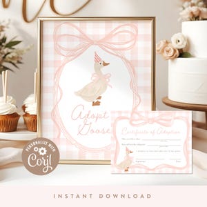 Adopt a Goose Sign and Certificate Card, Pink Gingham, Silly Goose Birthday Sign 8x10 | Printable DIY, Corjl | DIGITAL DOWNLOAD