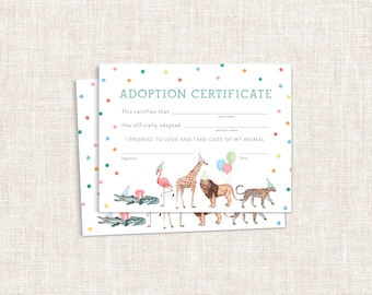 PRINTED ADOPTION CERTIFICATE | Party Animals Birthday, Fill in the Blanks Animal Adoption Cards | Printable Template
