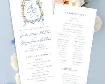 Wedding Program Cards, Watercolor Floral Crest with Personalized Monogram | Customizable, Watercolor Design (4x9)