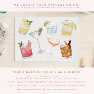 K&ouml;nnte beinhalten: Ein rechteckiges Schild mit Aquarellillustrationen von sechs Cocktails, darunter ein Martini, ein Wassermelonendrink und verschiedene garnierte Gl&auml;ser. Der Text lautet: WE CREATE YOUR PERFECT DRINK! CUSTOM WATERCOLOR ILLUSTRATIONS TO MATCH YOUR DRINK.