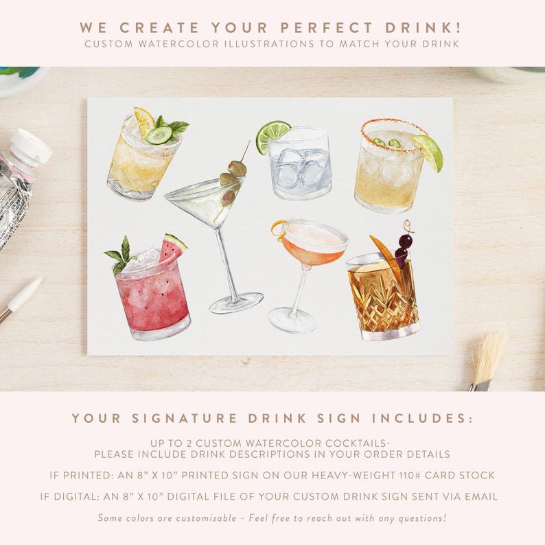 K&ouml;nnte beinhalten: Ein rechteckiges Schild mit Aquarellillustrationen von sechs Cocktails, darunter ein Martini, ein Wassermelonendrink und verschiedene garnierte Gl&auml;ser. Der Text lautet: WE CREATE YOUR PERFECT DRINK! CUSTOM WATERCOLOR ILLUSTRATIONS TO MATCH YOUR DRINK.