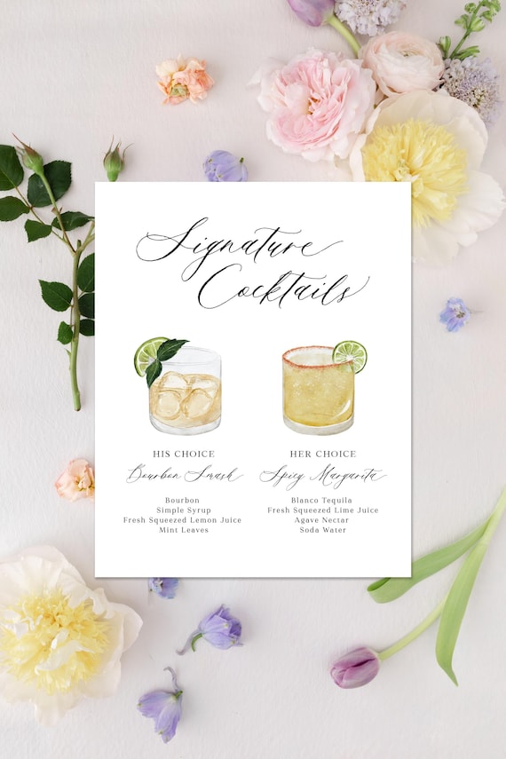 Custom Watercolor Signature Cocktails Sign, Drink Menu (Printed or Digital)