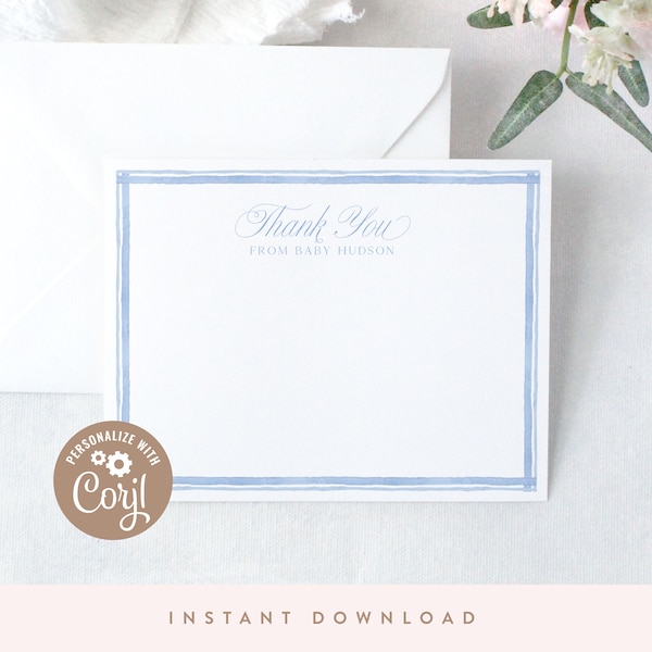 DIGITAL DOWNLOAD | Baby Boy Classic Baby Shower Thank You Note Card, Personalized Note Card | | Printable DIY, Corjl