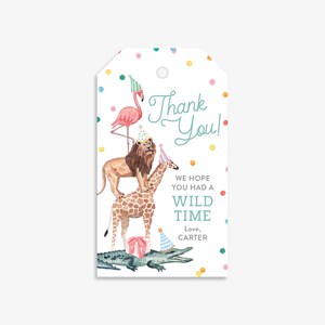 May include: A thank you tag with a colorful confetti background. The tag features a pink flamingo, a lion, a giraffe, and an alligator wearing party hats. The text reads "Thank You! We hope you had a wild time. Love, Carter."