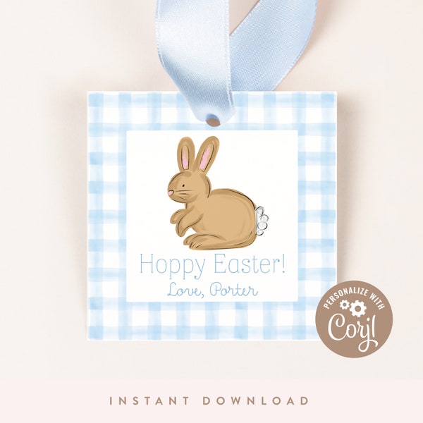 Easter Treat Tags | Easter Bunny Favor Tags, Blue Gingham | Treat Tags/Favor Tags | Instant Download, Printable DIY, Corjl