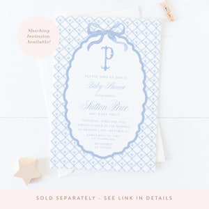 May include: A blue and white baby shower invitation with a decorative border and a blue bow. The invitation reads "Please join us for a Baby Shower honoring Sutton Price and Baby Price. Saturday, April 2nd, 2024, Eleven o'clock in the morning, 110 Meadow Lane, Metairie, LA. Kindly RSVP to Yara at 504-985-1405. Registered at Amazon."