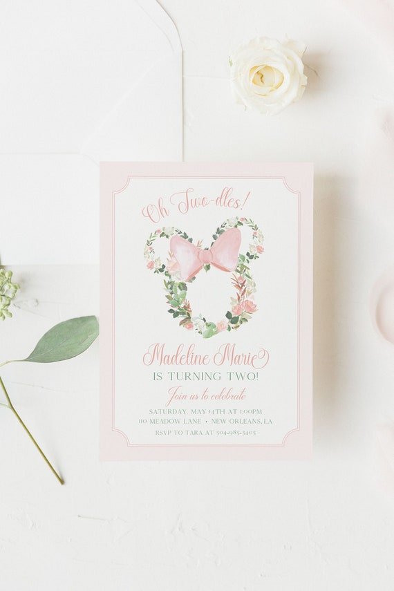 PRINTED Oh Twodles Birthday Invitation, Second Birthday Invitation, Floral, Garden Party, Minnie Mouse Invitation | Printed Cards