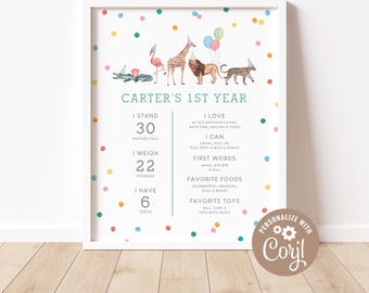 Party Animals Birthday Milestone Sign 16 x 20 | Digital, Girl or Boy First Birthday Milestone Sign | Printable DIY, Corjl | DIGITAL DOWNLOAD