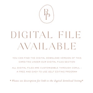Puede incluir: Un archivo digital est&aacute; disponible para descargar. El texto dice "DIGITAL FILE AVAILABLE" e incluye instrucciones sobre c&oacute;mo encontrar el archivo y personalizarlo usando el programa Corjl.