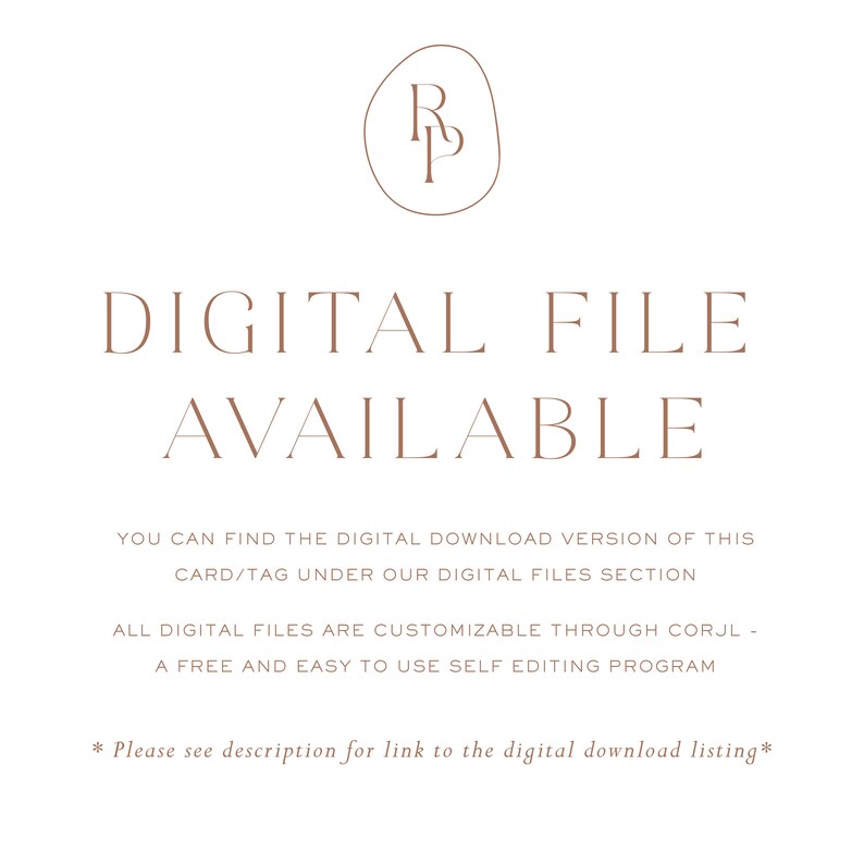 Puede incluir: Un archivo digital est&aacute; disponible para descargar. El texto dice "DIGITAL FILE AVAILABLE" e incluye instrucciones sobre c&oacute;mo encontrar el archivo y personalizarlo usando el programa Corjl.