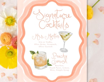 Custom Wavy Watercolor Cocktail Menu Sign, Whimsical Drink Illustration (8x10) (Printed or Digital Sign)