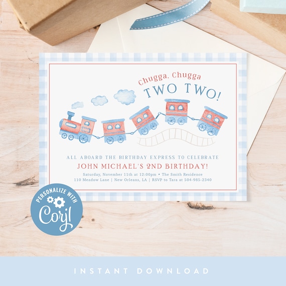 Train Second Birthday Invitation, Boys Birthday Invitation, Watercolor Train | Chugga Chugga Two-Two (Digital Download)