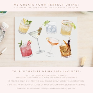 Może przedstawiać: Akwarelowa ilustracja r&oacute;żnych koktajli, w tym margarity i martini. Obraz zawiera tekst &bdquo;WE CREATE YOUR PERFECT DRINK!&rdquo; i &bdquo;YOUR SIGNATURE DRINK SIGN INCLUDES:&rdquo;. Znak ma wymiary 20,3 cm x 25,4 cm i jest wydrukowany na grubym kartonie.