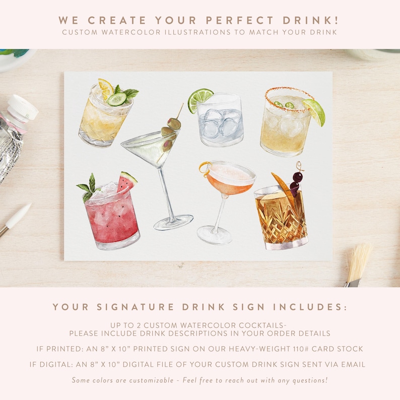Może przedstawiać: Akwarelowa ilustracja r&oacute;żnych koktajli, w tym margarity i martini. Obraz zawiera tekst &bdquo;WE CREATE YOUR PERFECT DRINK!&rdquo; i &bdquo;YOUR SIGNATURE DRINK SIGN INCLUDES:&rdquo;. Znak ma wymiary 20,3 cm x 25,4 cm i jest wydrukowany na grubym kartonie.