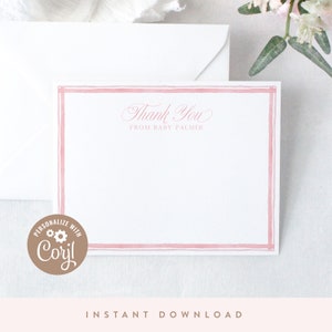 DIGITAL DOWNLOAD | Classic Pink Baby Shower Thank You Note Card, Personalized Note Card | Printable DIY, Corjl