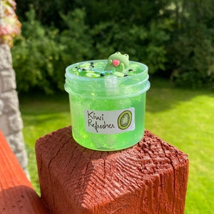 Pode incluir: Um frasco transparente de slime verde com uma fatia de kiwi e um amuleto de sapo verde. O frasco tem um r&oacute;tulo que diz "Kiwi Refresher".