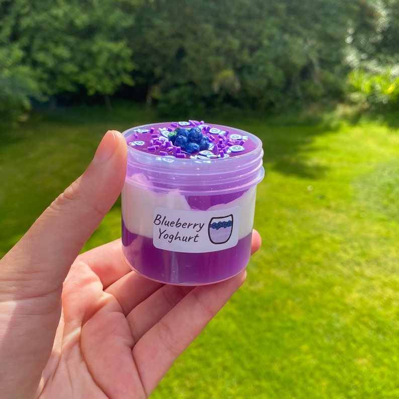 May include: A small clear plastic container filled with purple and white slime, topped with blue and purple sprinkles. The container has a label that reads "Blueberry Yoghurt".