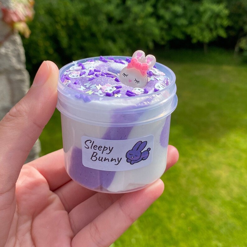 May include: Purple and white slime with a sleeping bunny charm in a clear plastic container with a label that says "Sleepy Bunny".