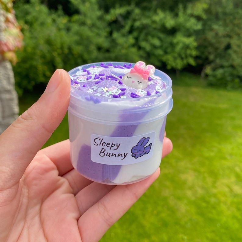 May include: Purple and white slime with a sleeping bunny charm in a clear plastic container. The container has a label that says "Sleepy Bunny".