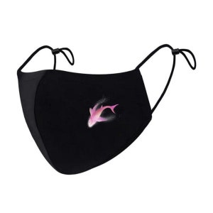 May include: Black face mask with adjustable ear loops and a pink and white fish graphic.