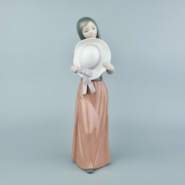 Lladro Girl Figurine Retired Lladro Girl with Hat Figure 5007 Tall Elegant Lady Holding Hat Ornament