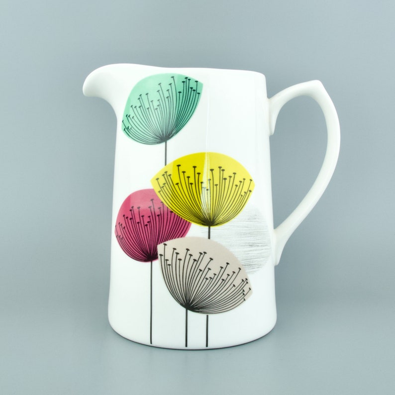 CERAMIC JUG Retro Style Floral White Flower Jug Queens Sanderson Dandelion Clock Jug Vase Large