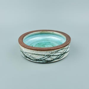 May include: A small, round ceramic bowl. The interior is light blue and green, with a brown rim. The exterior is white with black, crisscrossing lines. The bowl is a decorative item.