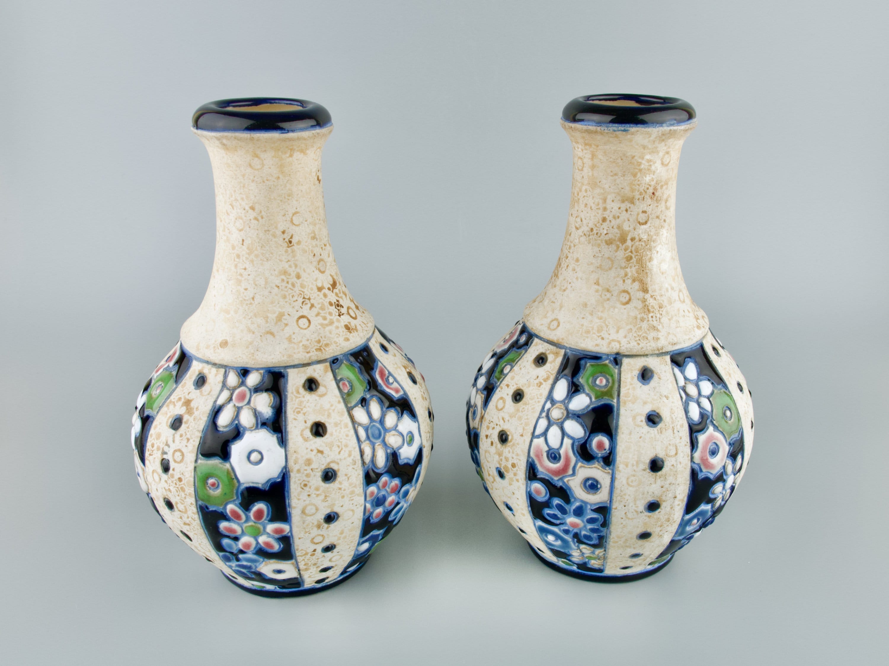 AMPHORA CZECHOSLOVAKIA POTTERY Vases Pair of Small Art Deco Enamel