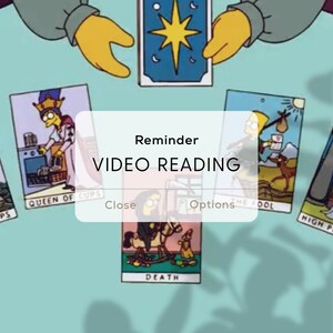 May include: A tarot card reading with a reminder to watch the video reading. The cards are Queen of Cups, The Fool, Death, and a card with a star on it. The cards are on a light blue background.