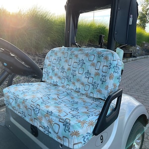 Waterproof Golf Cart Slip On Seat Back and Seat Bottom Separates For Yamaha, Evolution, & Icon Carts. Sea Turtles, Palm, Teal Dot, Argyle.