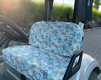Waterproof Golf Cart Slip On Seat Back and Seat Bottom Separates For Yamaha, Evolution, & Icon Carts. Sea Turtles, Palm, Teal Dot, Argyle.