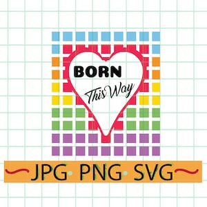 Op de afbeelding: Een regenboog hart met de tekst "BORN This Way" erin. Het hart is omgeven door een raster van vierkanten in regenboogkleuren.