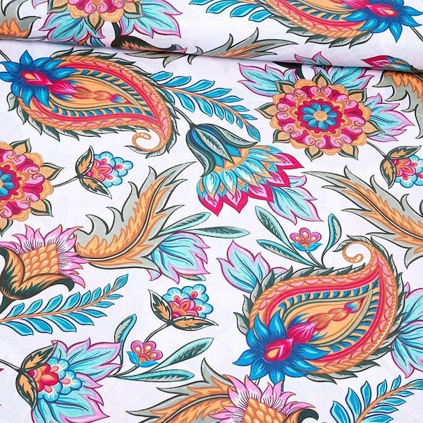 Kwiatowy nadruk paisley Tkanina przycięta na wymiar, etniczny wzór na bawełnie, tkanina paisley, bawełna artystyczna ludowa