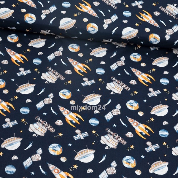 UFO fabric by the yard, Satellites in space 100% Cotton Fabric, Moon landing Pattern, navy blue Fabric