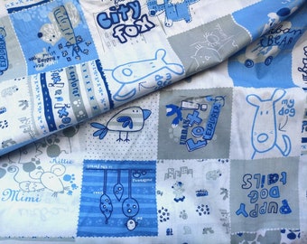 Patchwork blue fabric by the yard, animals fabric by the yard, cats and dogs print