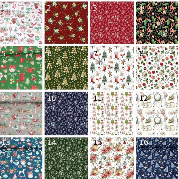 Christmas Fabrics by the yard, set of holiday prints on cotton, santa claus cotton fabric