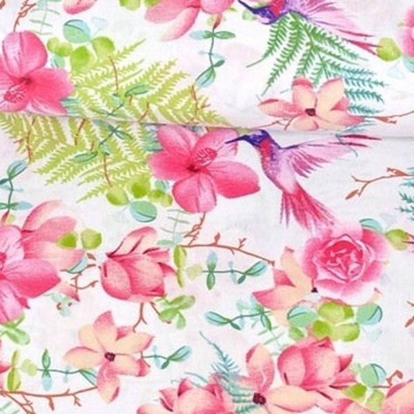 Tropical Colibri print fabric by the yard, roses and Hummingbirds, floral print on cotton