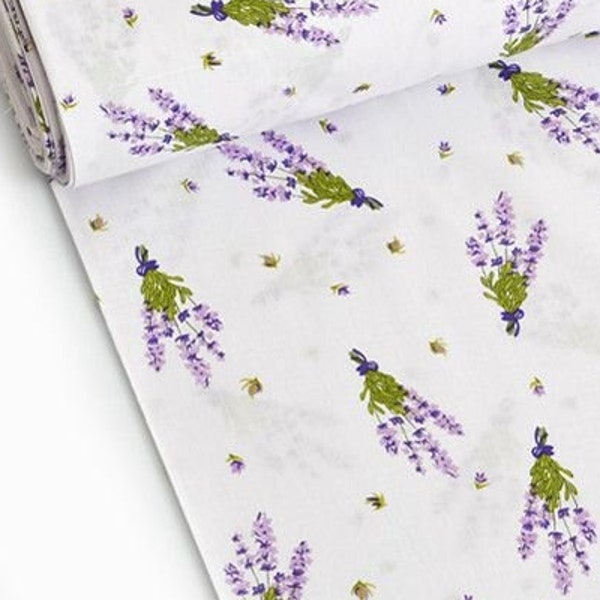 Lavender print on cotton fabric by the yard, lavender bouquets pattern on fabric, floral bedding kids cotton