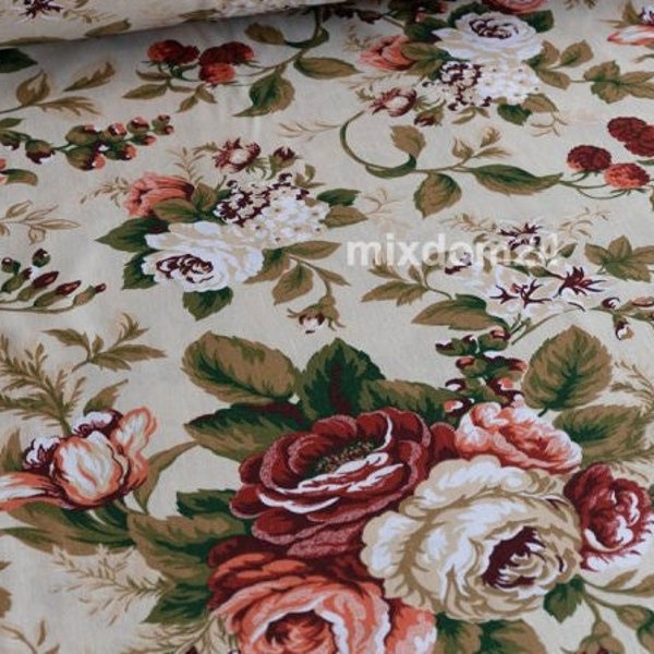 Roses on beige flowers cotton fabric by the yard, Floral print on cotton, red flowers