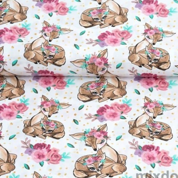 Bambi fabric by the yard, Deer with baby, Deer in flowers, Cotton fabric, Pink flowers, Animal print, Kids print