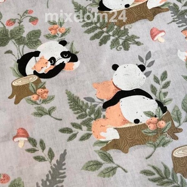 Panda and fox fabric by the yard, cute animals fabric by the yard, forest animals print