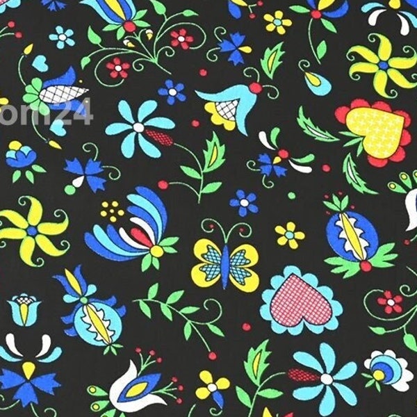 Black Folklore cotton by the yard, Kashubian polish fabric russian folk