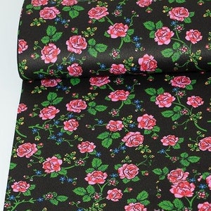 Highlands pattern fabric by the yard, pink roses on black, polish folklore folk cotton fabric, slavic Fabric ethnic pattern