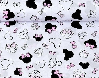 Tessuto Minnie Mouse tagliato su misura, Disney Topolino 100% cotone rosa bianco nero