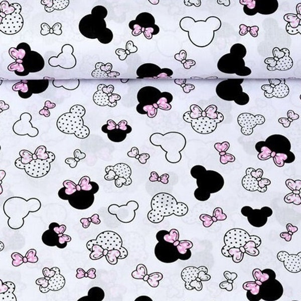 Minnie Mouse fabric by the yard, Disney Mickey Mouse 100% cotton pink white black