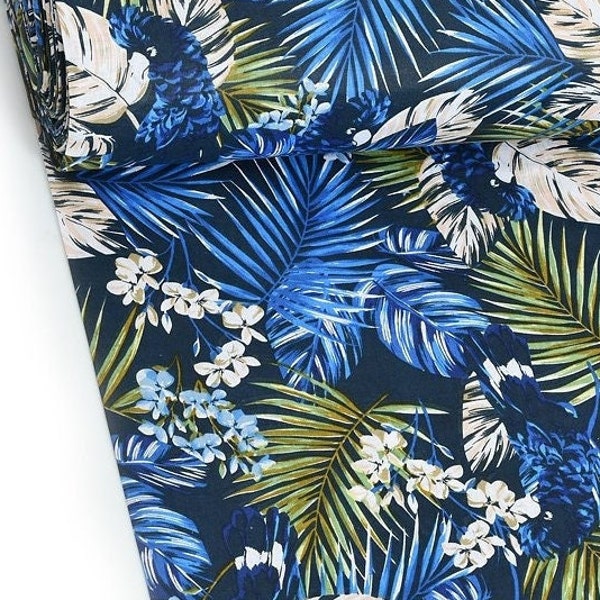 Blue Parrots in jungle Fabric by the yard, blue jungle cotton, white flowers and blue palm leafs print