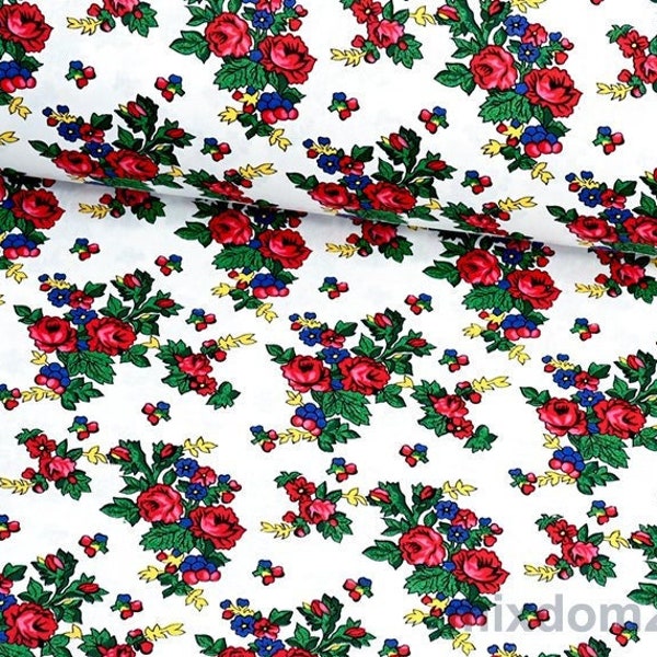 Highlands roses fabric by the yard, white polish folklore folk cotton fabric, for sewing slavic Fabric, ethnic pattern