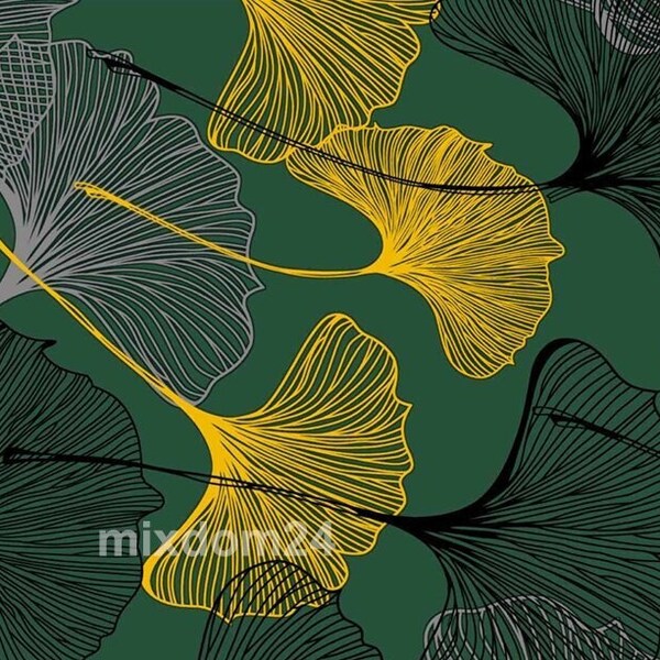 Ginkgo biloba print on cotton fabric by the yard, gingko leaves on green