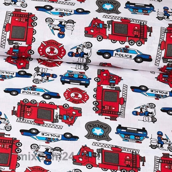 Police car fabric by the yard, fire truck policeman, Cotton boys fabric, firefighter gift, kids cotton fabric